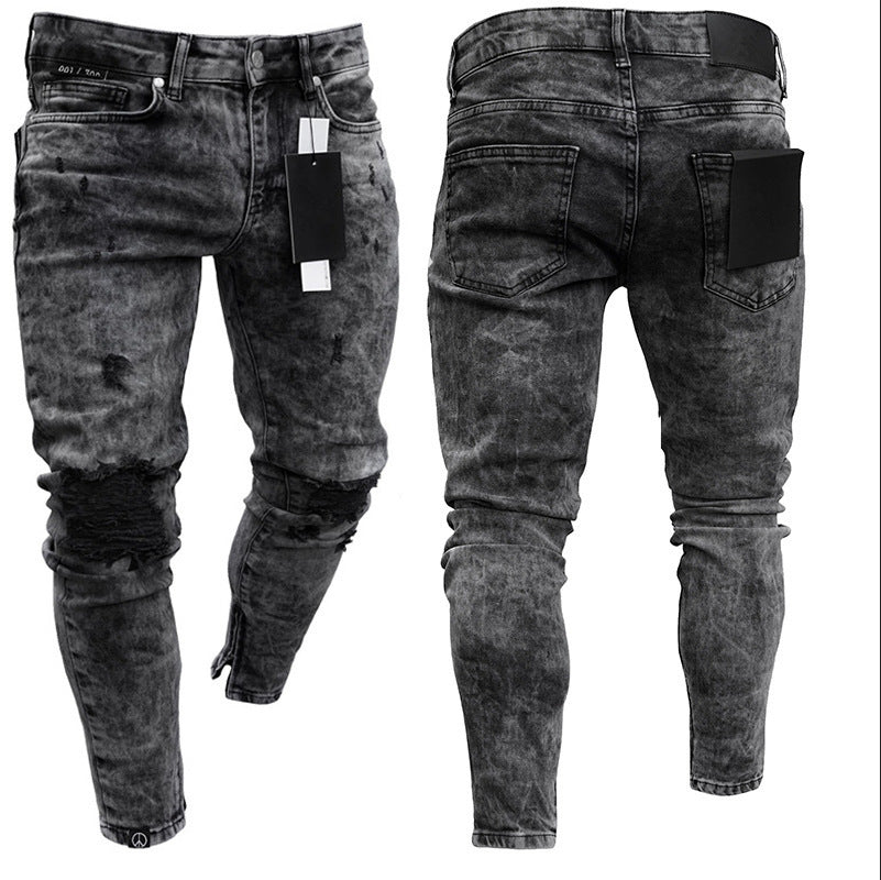 Men's Skinny Denim Patch Ripped Feet Pants