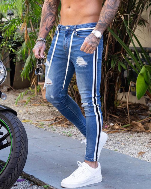 Men's Skinny Denim Patch Ripped Feet Pants