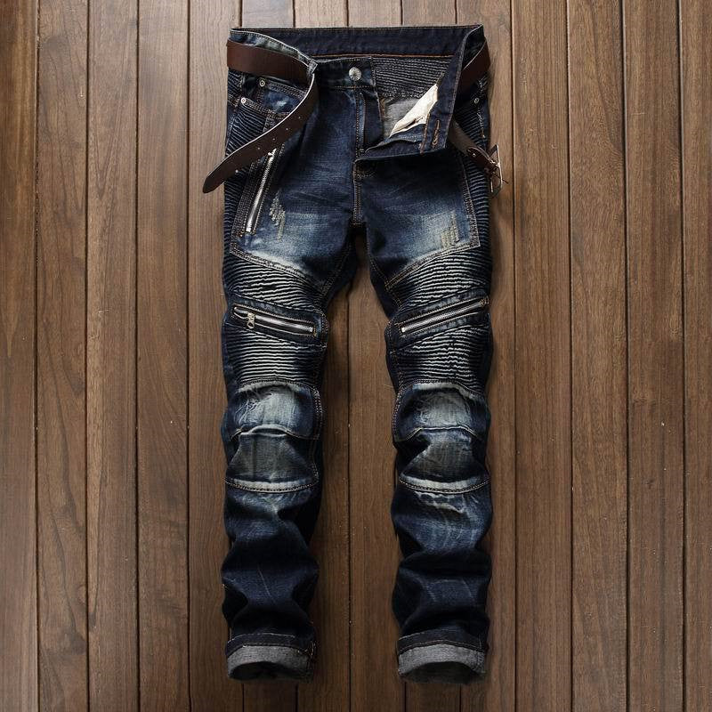 Men's Jeans Fashion Snowflake Fold Slim Fit Motorcycle Small Straight Trousers