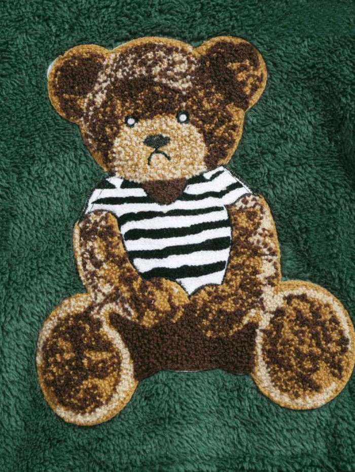 Flannel Fabric Plush Bear Embroidery Badge Hooded Sweater