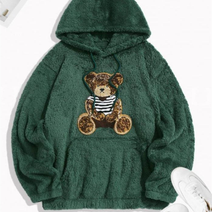 Flannel Fabric Plush Bear Embroidery Badge Hooded Sweater