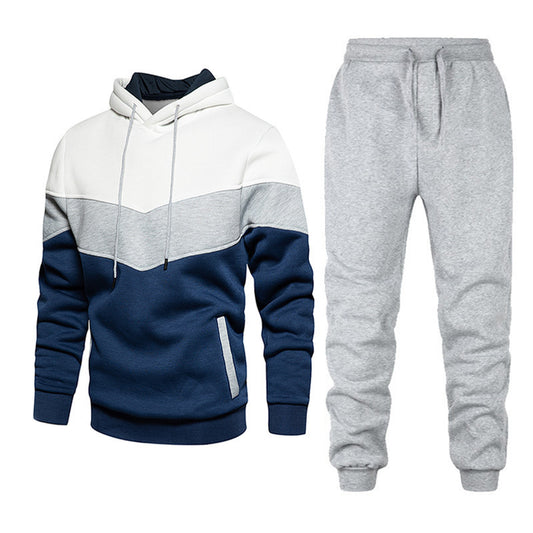 Fashion Colorblock Stitching Suit Hooded Running Outdoors Sports Cross-border Suit Men's Sweater