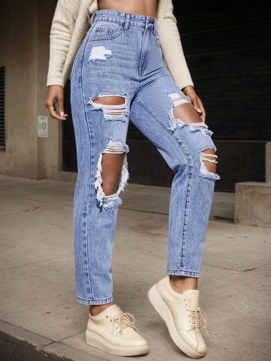2025 Women's New Jeans, High Waist Piercing, Straight Fit, Casual Street Style, Fashionable And Versatile, Women's Wear
