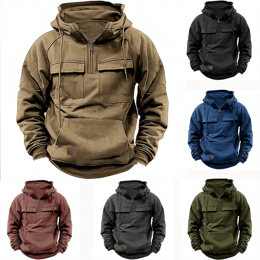 Men's Hooded Solid Color Multi-pocket Leather Sweater Jacket