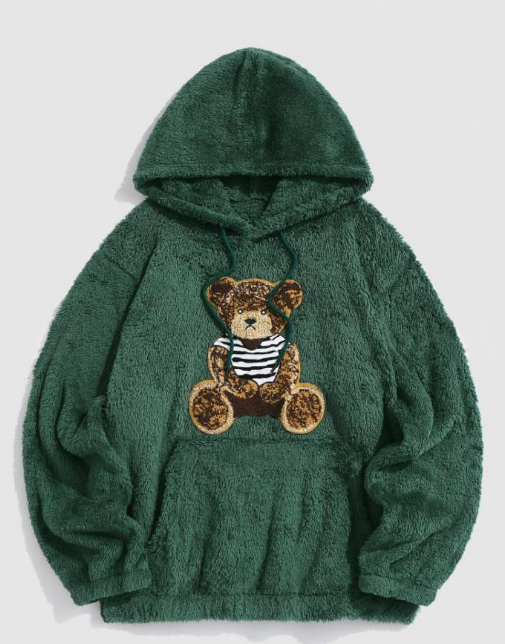 Flannel Fabric Plush Bear Embroidery Badge Hooded Sweater